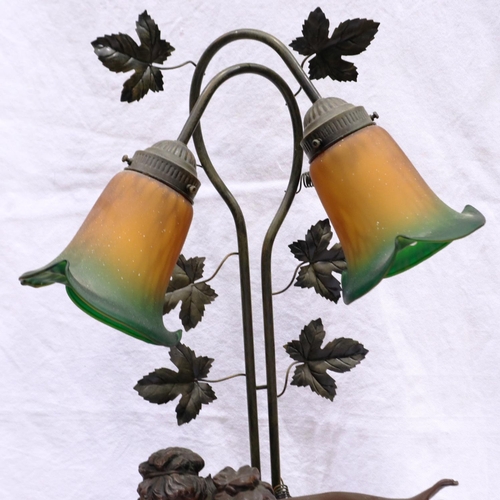 351 - Large figural table lamp, in the Art Nouveau manner, with two coloured glass shades, overall H: 96 c... 