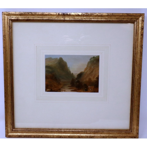 355 - A 19th century watercolour, Dove Dale, with dedication dated 1850 from previous framing, 12 x 9 cm. ... 