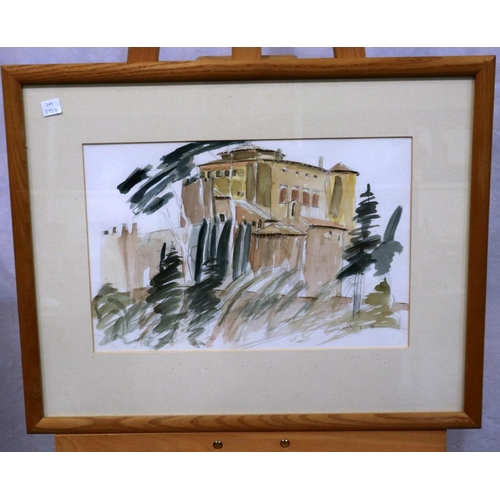 368 - Julia Midgley (B. 1948): watercolour, Bastille De Picasso, labels verso, 44 x 29 cm. Not available f... 