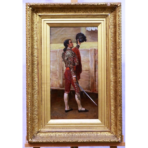 374 - John Haynes Williams (1836-1908): oil on canvas, Spanish Matador, dated 1882, titled verso, 27 x 27 ... 