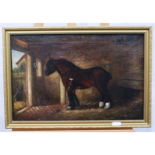 376 - Oil on canvas of a shire horse, 35 x 55 cm, with damages. Not available for in-house P&P