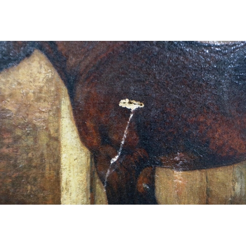 376 - Oil on canvas of a shire horse, 35 x 55 cm, with damages. Not available for in-house P&P