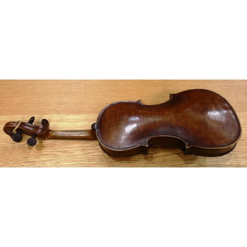 384 - 18th century violin with two piece back, bearing label for Curlo Bergouz Anno 1739, in distressed co... 