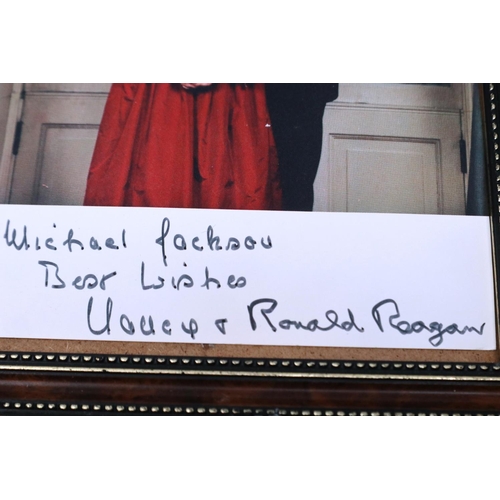 388 - Framed Nancy and Ronald Reagan photograph with dedication to Michael Jackson, 20 x 18 cm, no provide... 