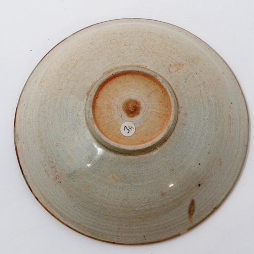 289 - A celadon glazed Ming Dynasty shallow bowl, footed, D: 15 cm, H: 4 cm. Small chips to rim. P&P Group... 