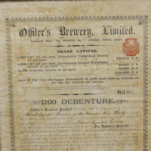 389 - Officers Brewery Limited debenture certificate, framed, 50 x 31 cm. Not available for in-house P&P