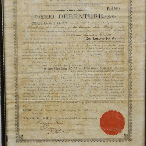 389 - Officers Brewery Limited debenture certificate, framed, 50 x 31 cm. Not available for in-house P&P