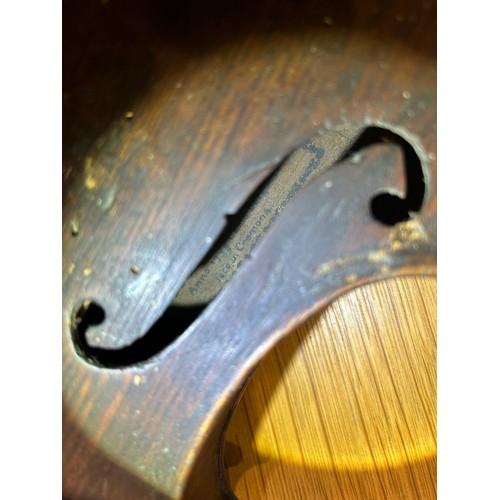 384 - 18th century violin with two piece back, bearing label for Curlo Bergouz Anno 1739, in distressed co... 