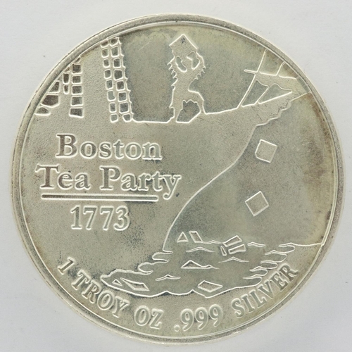 2027 - American fine silver bullion 1ozt round, Boston Tea Party. P&P Group 0 (£5+VAT for the first lot and... 