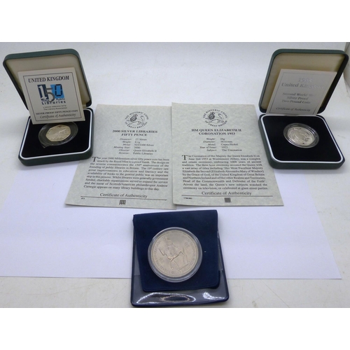 2256 - Silver proof 2000 Libraries fifty pence silver proof 1995 WWII two pound coin and a 1953 Coronation ... 