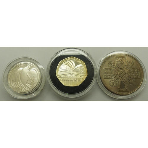 2256 - Silver proof 2000 Libraries fifty pence silver proof 1995 WWII two pound coin and a 1953 Coronation ... 