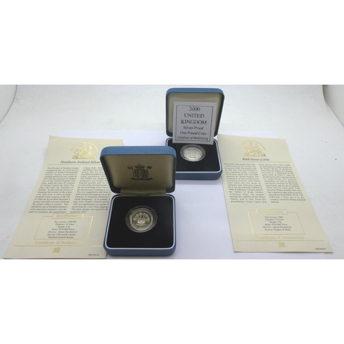 2257 - Two silver proof one pound coins, Northern Ireland and Wales, each boxed with certificates. P&P Grou... 