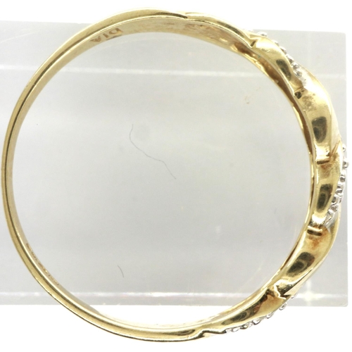 51 - 9ct gold crossover ring set with diamonds, size T, 1.8g. P&P Group 1 (£14+VAT for the first lot and ... 