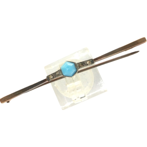 64 - 9ct gold bar brooch set with turquoise and cubic zirconia, L: 60 mm, 2.3g. P&P Group 1 (£14+VAT for ... 