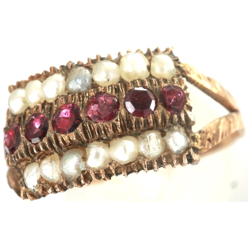 75 - 9ct gold garnet and seed pearl set ring, with split shoulders circa 1840, size N, 1.5g. P&P Group 1 ... 