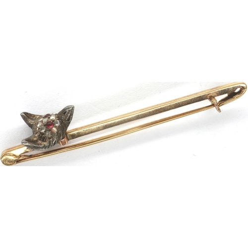 83 - Late Victorian gold brooch with fox head design, on a 9ct gold bar, rose cut diamonds and garnet cab... 