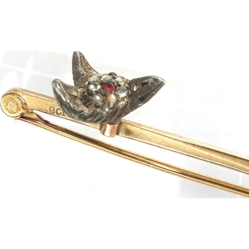 83 - Late Victorian gold brooch with fox head design, on a 9ct gold bar, rose cut diamonds and garnet cab... 