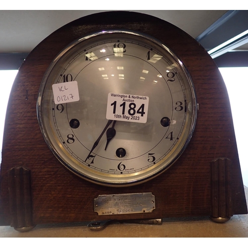 1184 - Mahogany cased Westminster chiming mantle clock with hallmarked silver plaque, working at lotting bu... 