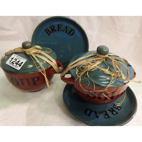 1244 - Pair of red and blue ceramic covered soup bowls with bread plates. P&P Group 2 (£18+VAT for the firs... 