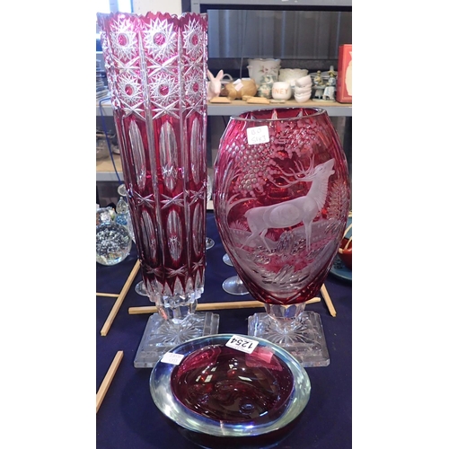 1254 - Two cut glass vases and a heavy glass bowl, largest 47 cm. Not available for in-house P&P