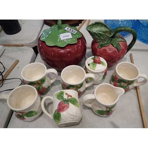 1332 - Ceramic Strawberry form jar with six mugs, cream and sugar. Not available for in-house P&P