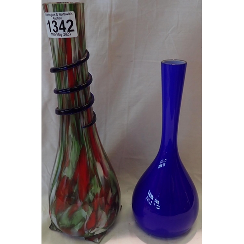 1342 - Two glass vases, one handmade, largest H: 30 cm. Not available for in-house P&P