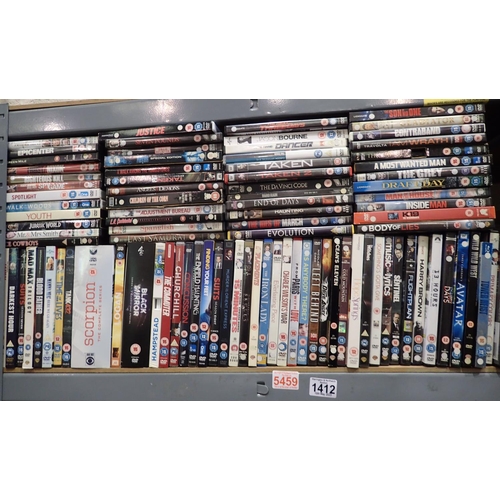 1412 - Shelf of mixed genre DVDs. Not available for in-house P&P