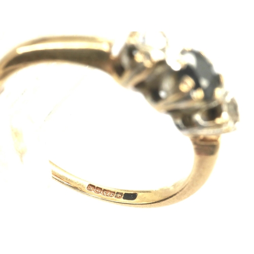 39 - 9ct gold trilogy ring set with sapphire and diamonds, size J/K, 1.3g. P&P Group 1 (£14+VAT for the f... 