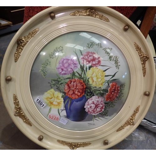 1501 - Circular framed print of flowers, signed Marcia, D: 50 cm. Not available for in-house P&P