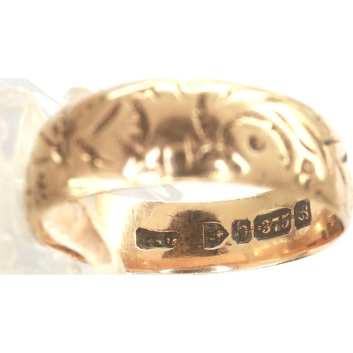 84 - 9ct gold band ring with engraved decoration throughout, Chester assay, size O, 3.0g. P&P Group 1 (£1... 