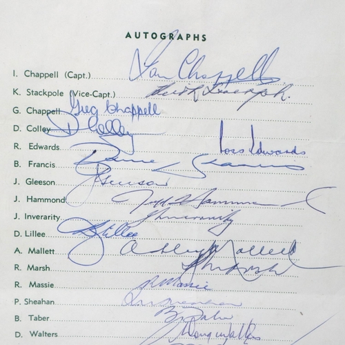 2128 - Australian Touring cricket team sheet 1972, bearing signatures of Chappell (Capt), Stackpole, Colley... 