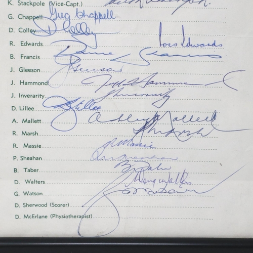 2128 - Australian Touring cricket team sheet 1972, bearing signatures of Chappell (Capt), Stackpole, Colley... 