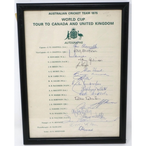 2130 - Australian cricket team sheet 1975 World Cup Tour (Canada and UK), bearing signautres of Chappell (C... 