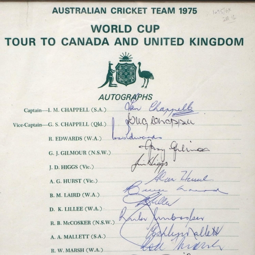 2130 - Australian cricket team sheet 1975 World Cup Tour (Canada and UK), bearing signautres of Chappell (C... 