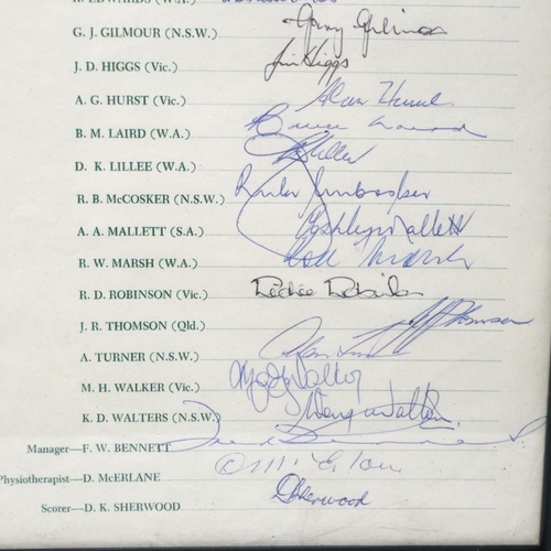 2130 - Australian cricket team sheet 1975 World Cup Tour (Canada and UK), bearing signautres of Chappell (C... 