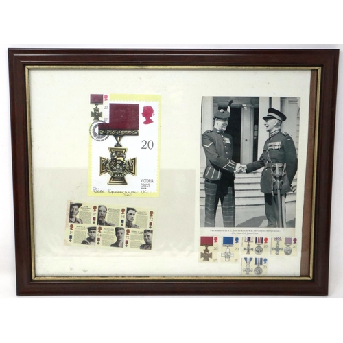 2152 - Bill Speakman VC signed PDQ card, mounted in a montage with photograph of Speakman and James Carne V... 