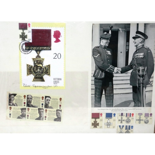 2152 - Bill Speakman VC signed PDQ card, mounted in a montage with photograph of Speakman and James Carne V... 