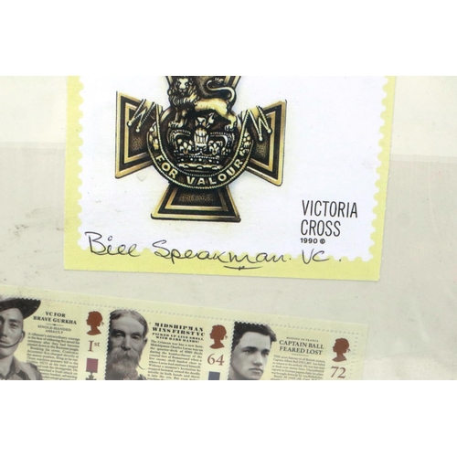 2152 - Bill Speakman VC signed PDQ card, mounted in a montage with photograph of Speakman and James Carne V... 