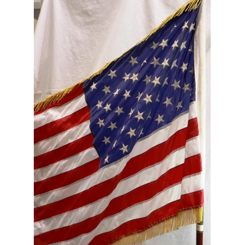 2168 - 20th century American flag, on standard with turned oak base, H: 200 cm. Not available for in-house ... 