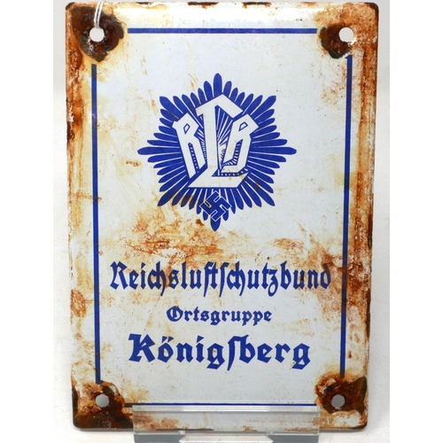 2177 - WWII German enamel sign for Reichs Luftschutz Bund, air raid wardens meeting place in Konigsberg, Ge... 