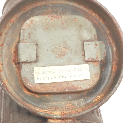 2191 - WWII German Waffen SS Gas mask can marked to SS Mann Johan Konig with field post office no 40023 for... 