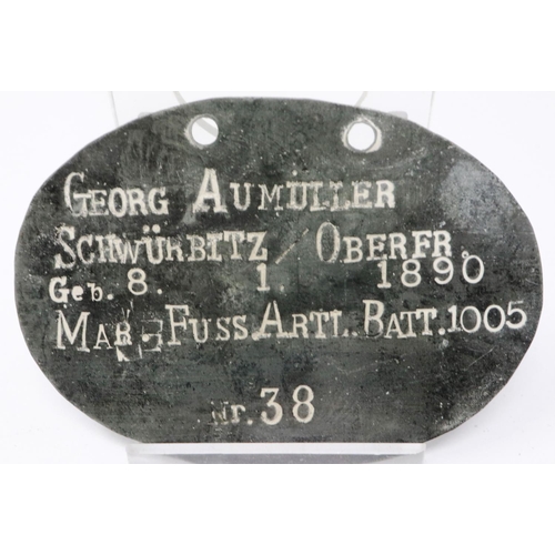 2232 - WWI Imperial German dog tag to a Corporal in the Foot Artillery Battalion. P&P Group 1 (£14+VAT for ... 