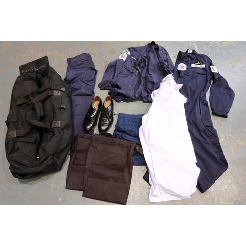 2243 - Four weather jacket overalls, medical outfit, number 3s trousers and shirts and shoes, with kit bag ... 