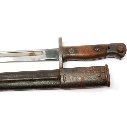 2255 - WWI British 1907 pattern bayonet, maker Wilkinson, with metal bound leather scabbard. P&P Group 2 (£... 