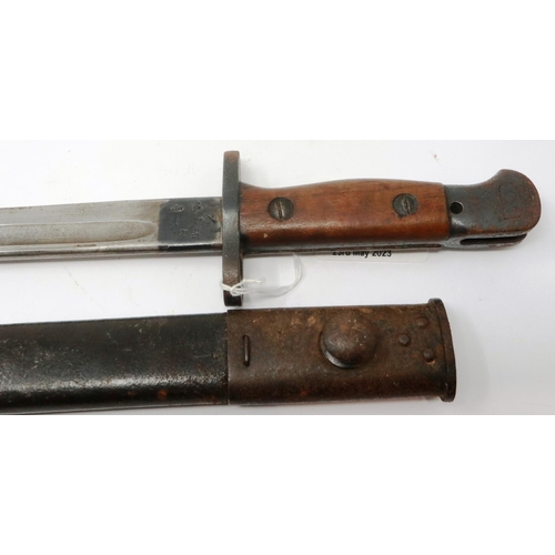 2255 - WWI British 1907 pattern bayonet, maker Wilkinson, with metal bound leather scabbard. P&P Group 2 (£... 