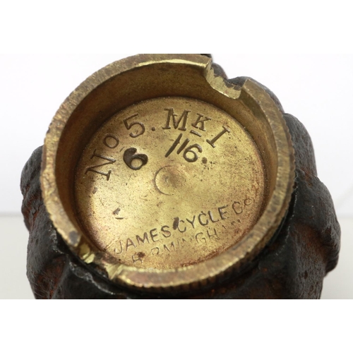 2321 - INERT WWI semi relic number five Mills grenade dated June 1916, maker James Cycles, Birmingham. P&P ... 