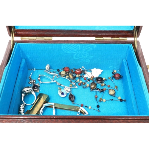 101 - Oriental hardwood jewellery box with mainly silver jewellery contents. P&P Group 1 (£14+VAT for the ... 