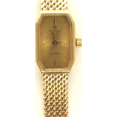 131 - MAVIN: ladies 9ct gold quartz wristwatch on a 9ct gold bracelet, boxed, working at lotting, total we... 