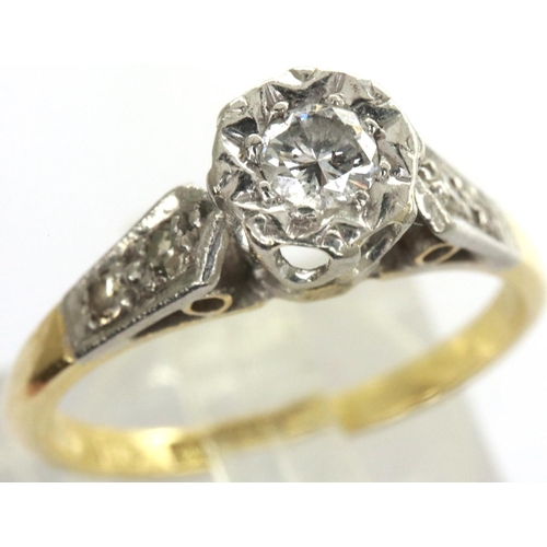 14 - 18ct gold platinum mounted diamond solitaire ring with diamond shoulders, size K/L, 2.4g. P&P Group ... 