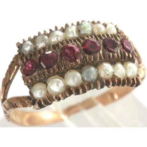 41 - 9ct gold garnet and seed pearl set ring, with split shoulders circa 1840, size N, 1.5g. P&P Group 1 ... 